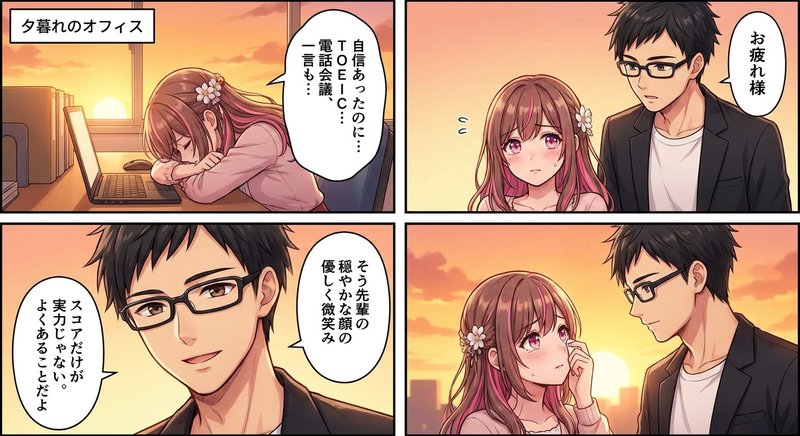 TOEICのスコアと実務スキルのギャップに気づくなつめと、それを教えるそう先輩の4コマ漫画