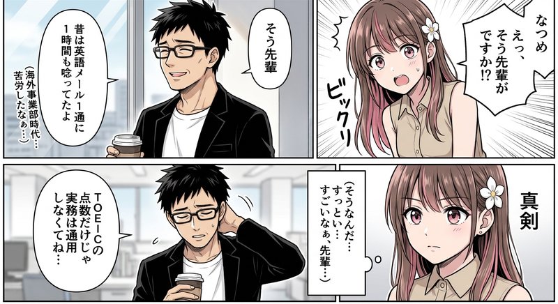 そう先輩が海外事業部配属当初にメール1通に1時間かかって苦労した体験談を表す4コマ漫画