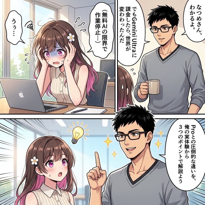 AIツールがうまく動かず悩んでいる後輩女性と、解決策を知っていて微笑む先輩男性。