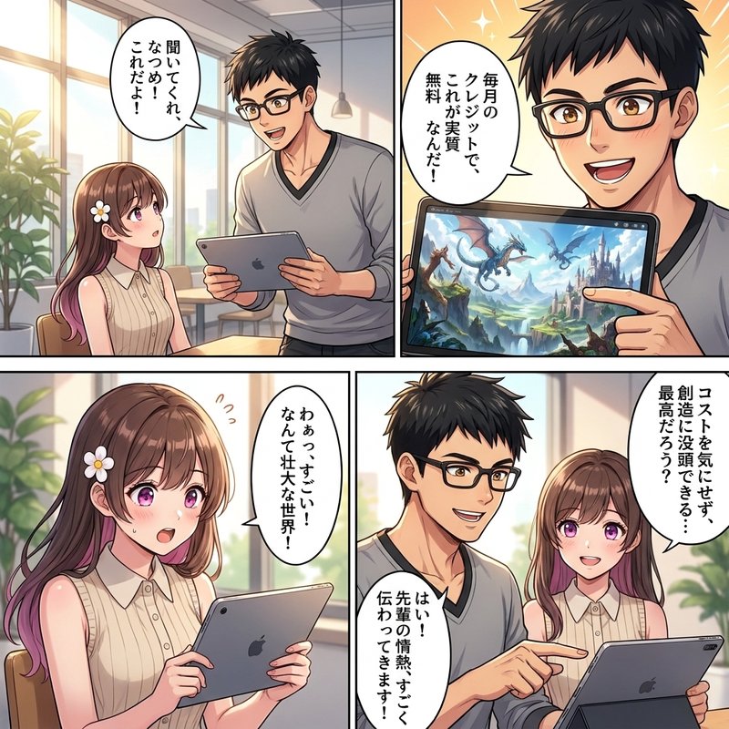男性が魔法のように次々と画像を生成し、それを見て女性が感動している様子。