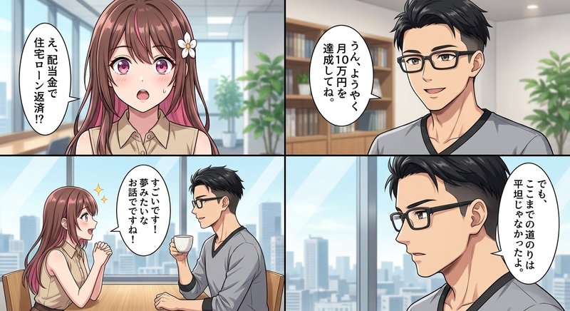 配当金月10万円達成に驚くなつめと、それを優しく認めるそう先輩のイラスト