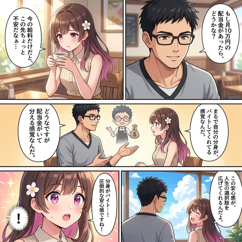 月10万円の配当金を「もう一人のアルバイト」に例えて安心感を説明するイラスト