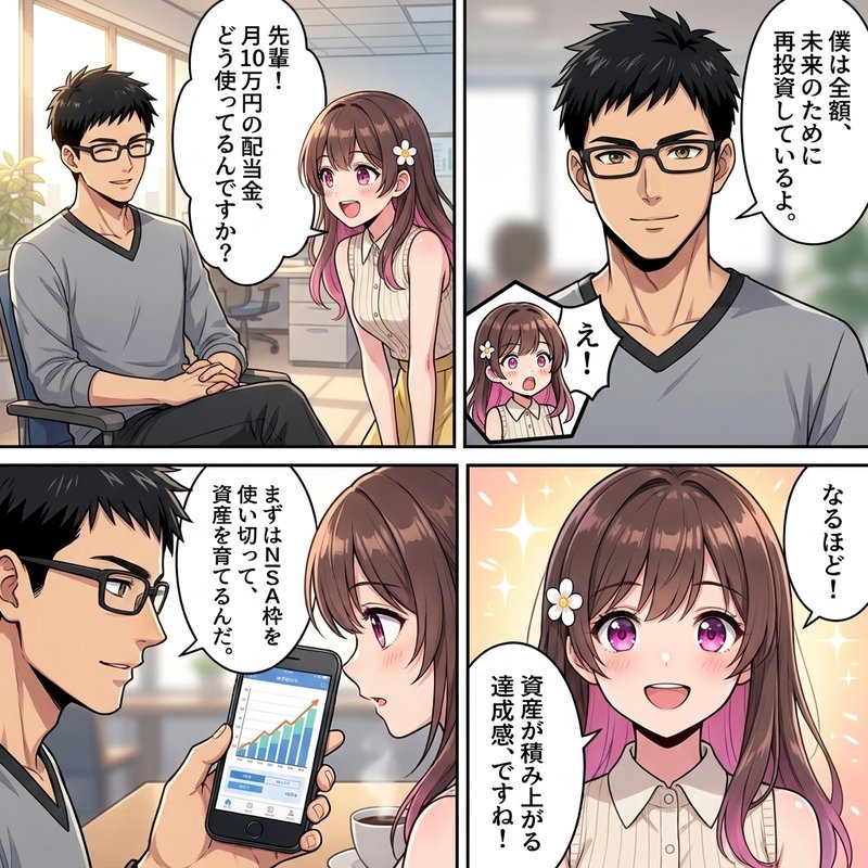 配当金を消費せず、未来のためにNISAで再投資する様子を描いたイラスト