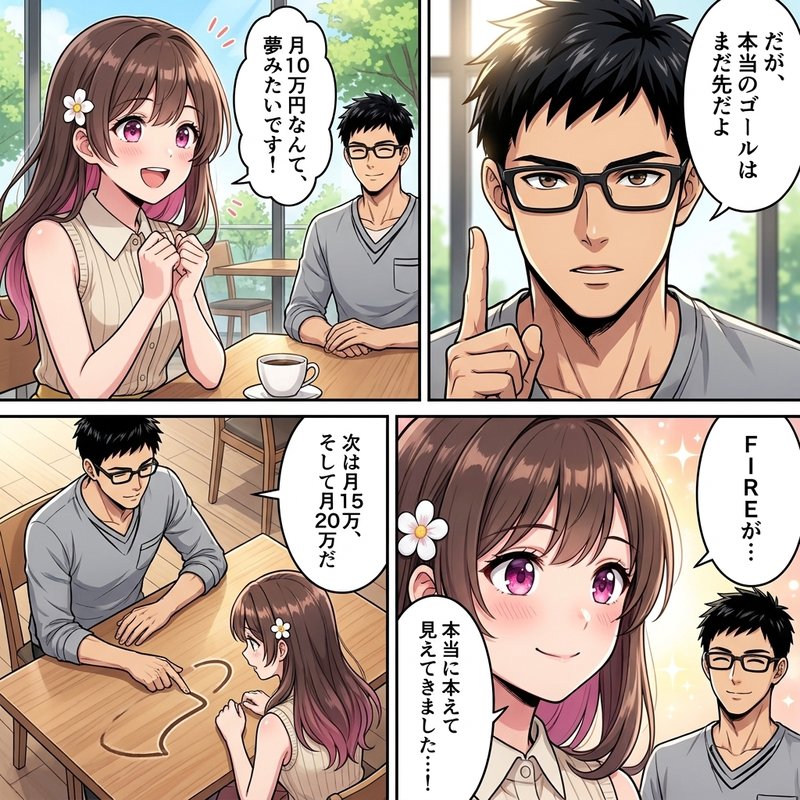 配当金月10万円は通過点であり、月15万、月20万、そしてFIREという先の目標を見据えているイラスト