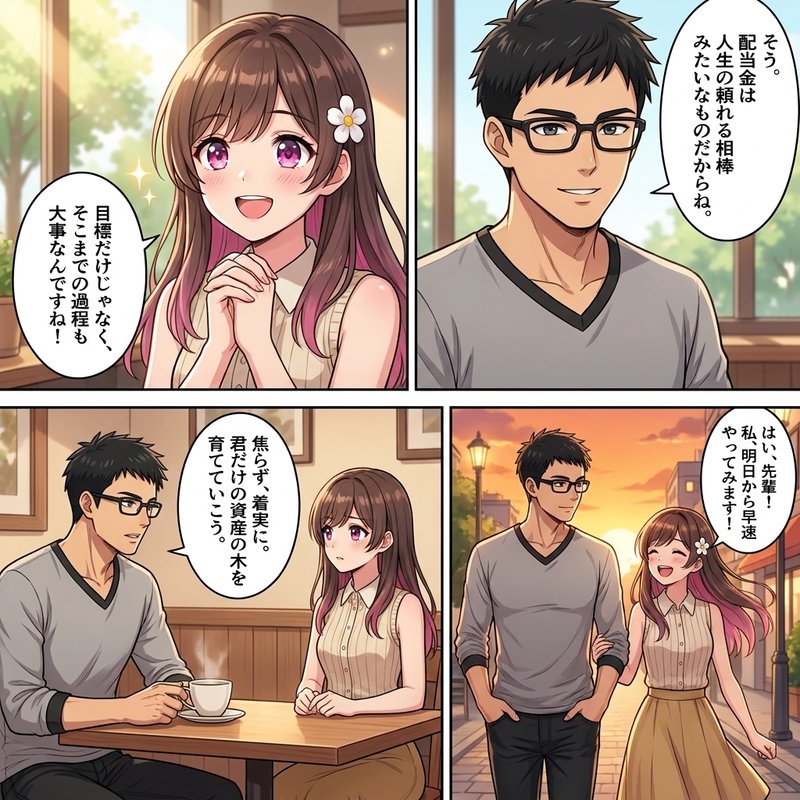 配当金を人生の相棒として、共に未来へ歩んでいくイメージのイラスト