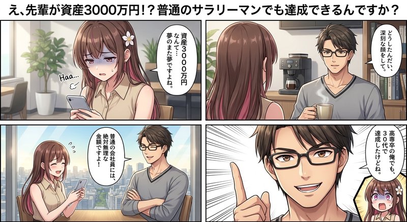資産3000万円という数字に圧倒される後輩と、それを達成した経験を語り始める先輩のイラスト。