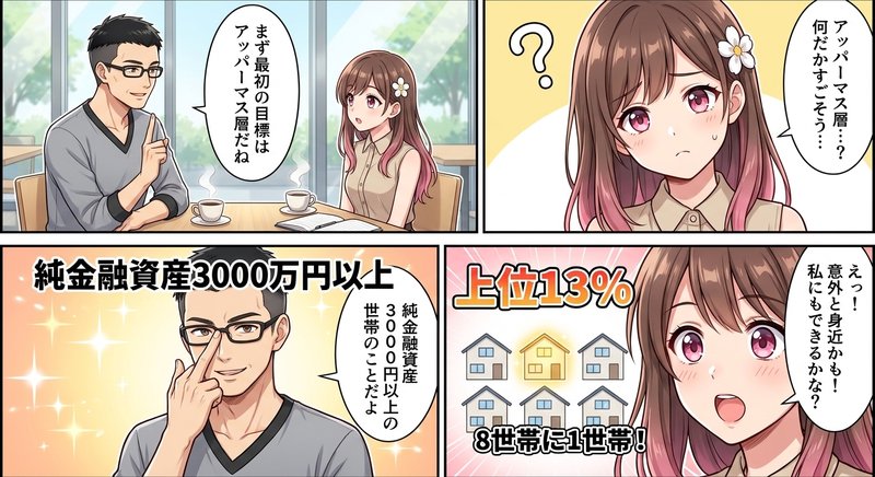 アッパーマス層について学ぶ後輩と、図を使って分かりやすく説明する先輩のイラスト。