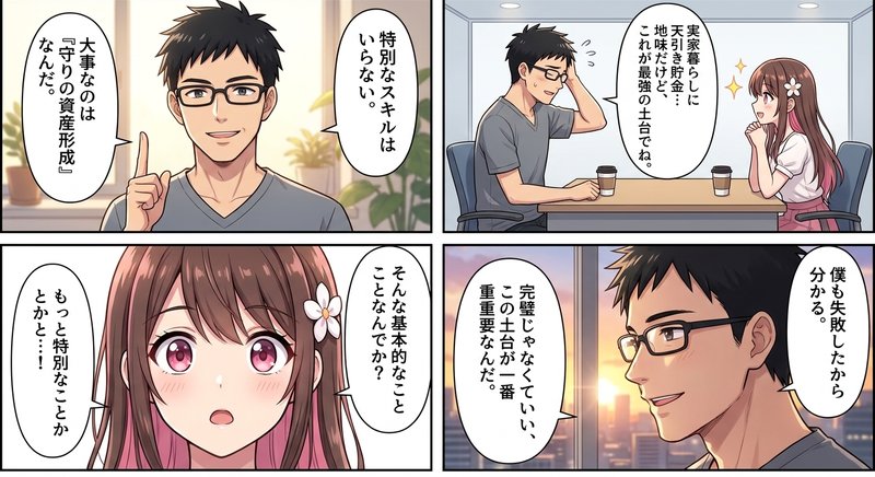 質素倹約という守りの資産形成の基本を学ぶ後輩と、自らの体験を語る先輩のイラスト。