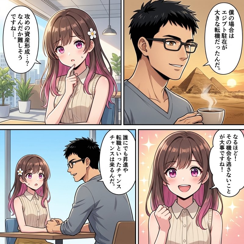 海外駐在という攻めの資産形成のチャンスについて語る先輩と、その原則を理解する後輩のイラスト。