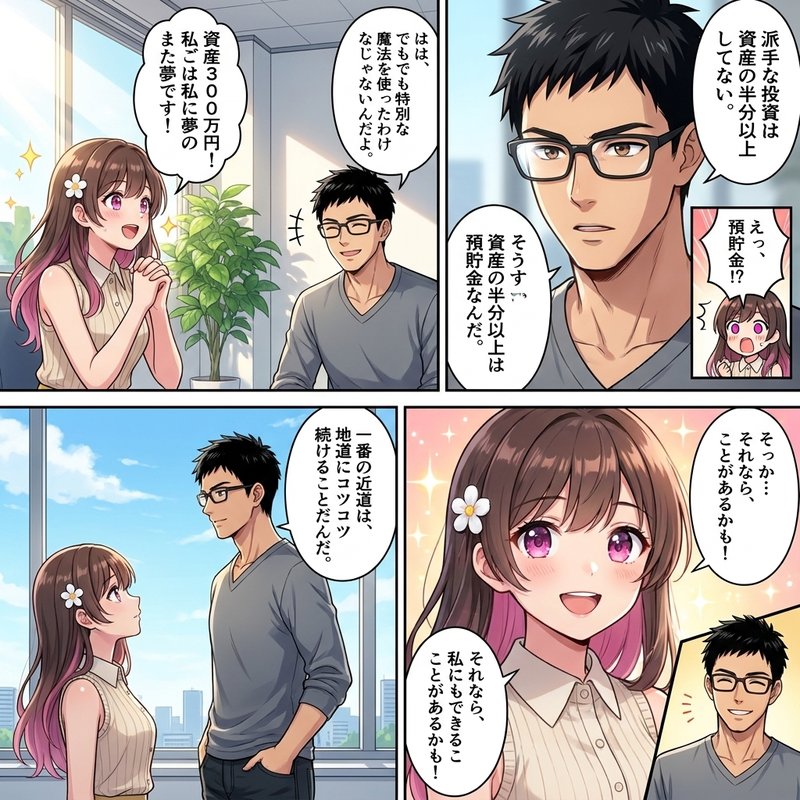 資産3000万円達成の本質がコツコツとした努力であったことを理解し、前向きになる後輩と先輩のイラスト。