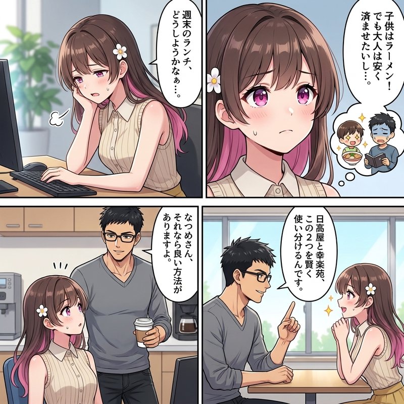 週末の子連れランチの店選びに悩む後輩と、それにアドバイスする先輩パパのイラスト