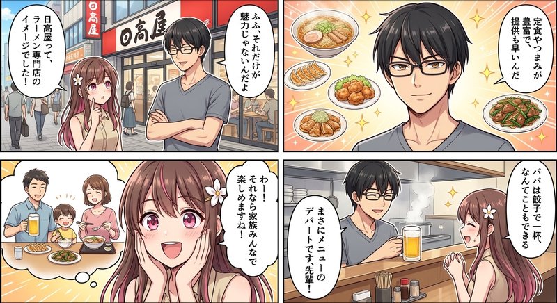 日高屋で子供はラーメン、パパはビールとつまみで楽しむ家族のイラスト