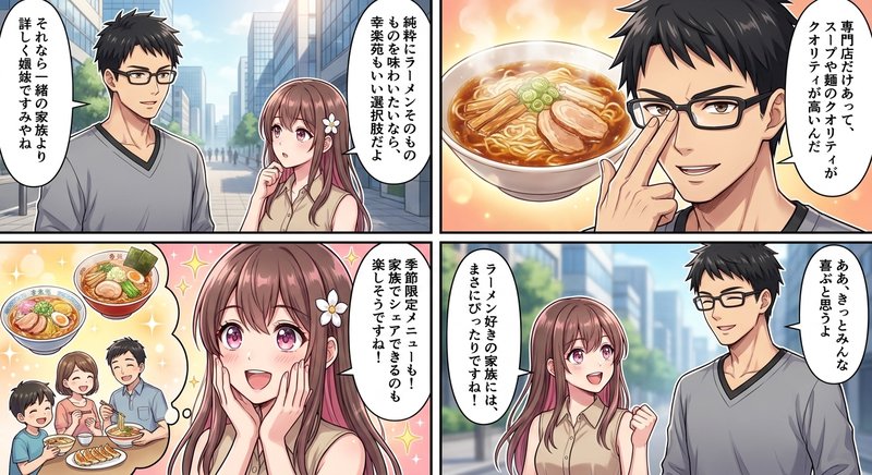 幸楽苑の本格的なラーメンを美味しそうに食べる子供のイラスト