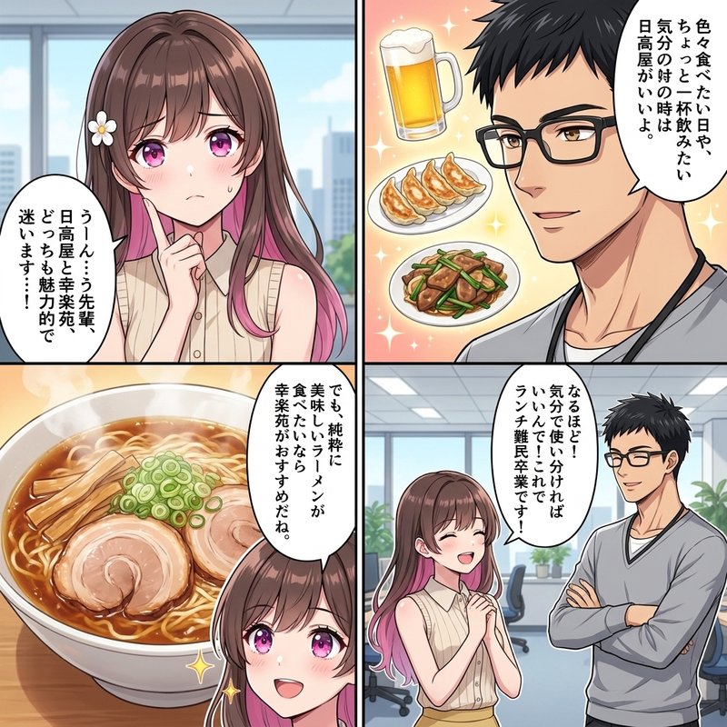 日高屋と幸楽苑、その日の気分で使い分けることを示すイラスト